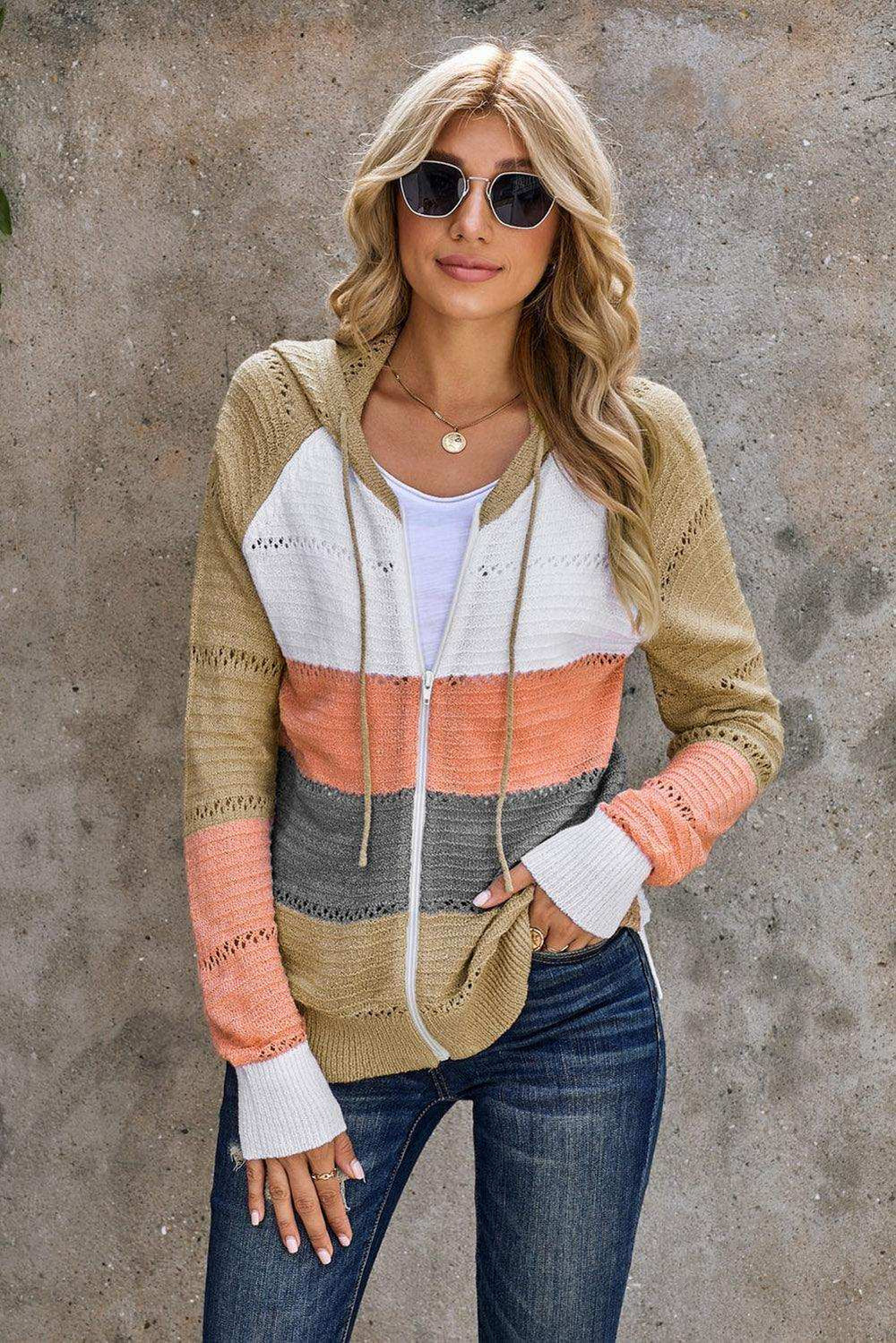 Zip-Up Raglan Sleeve Openwork Hooded Cardigan - Trendsi - Flyclothing LLC