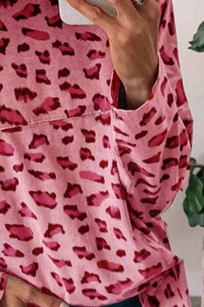 Leopard Round Neck Dropped Shoulder Blouse - Trendsi - Flyclothing LLC