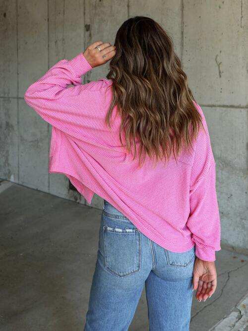 Ribbed Collared Neck Button Up Jacket - Trendsi - Flyclothing LLC