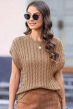 Cable-Knit Round Neck Cap Sleeve Sweater - Trendsi - Flyclothing LLC