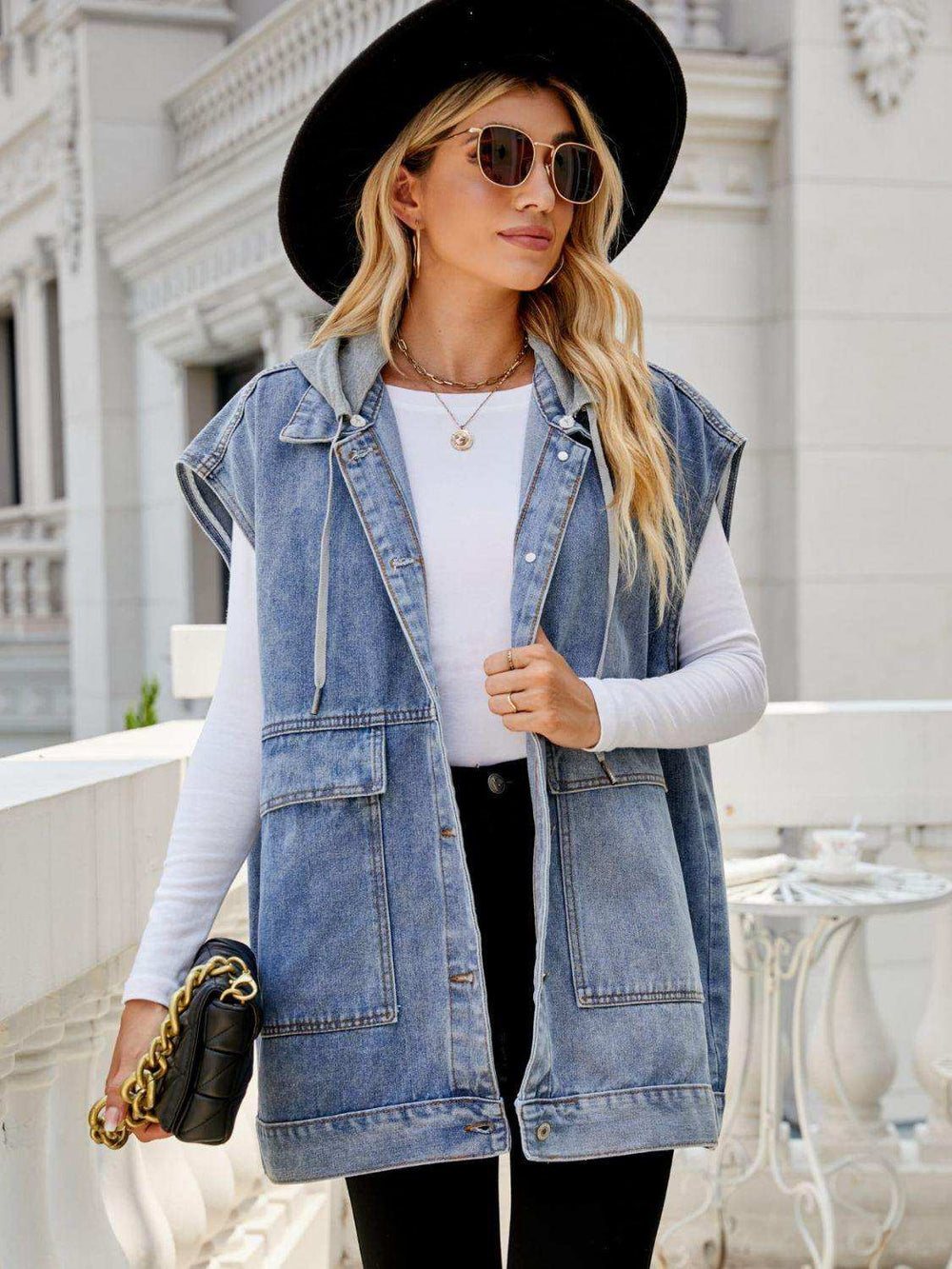 Hooded Sleeveless Denim Top with Pockets - Trendsi - Flyclothing LLC