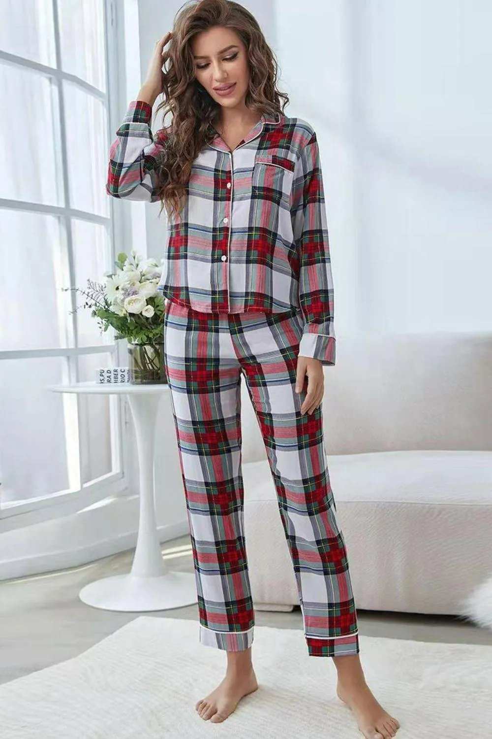 Plaid Button Front Top and Pants Lounge Set - Trendsi - Flyclothing LLC