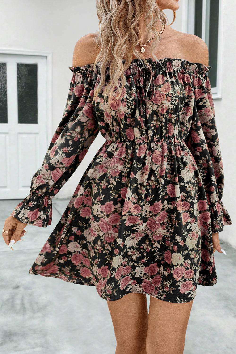 Floral Off-Shoulder Flounce Sleeve Dress - Trendsi - Flyclothing LLC