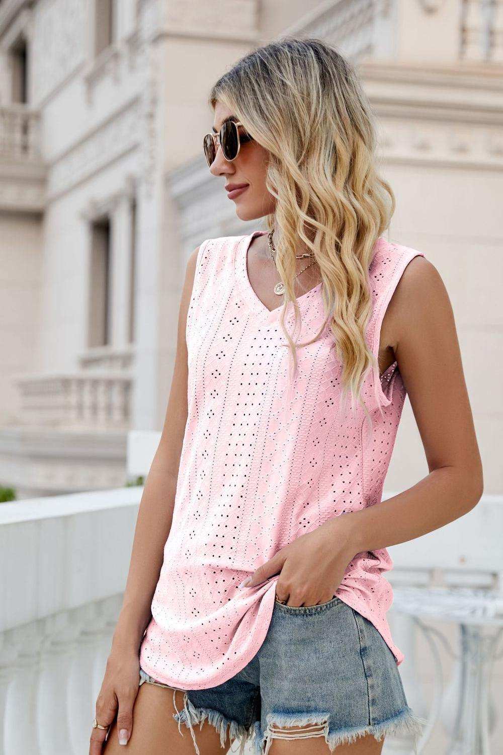 Eyelet V-Neck Tank - Trendsi - Flyclothing LLC