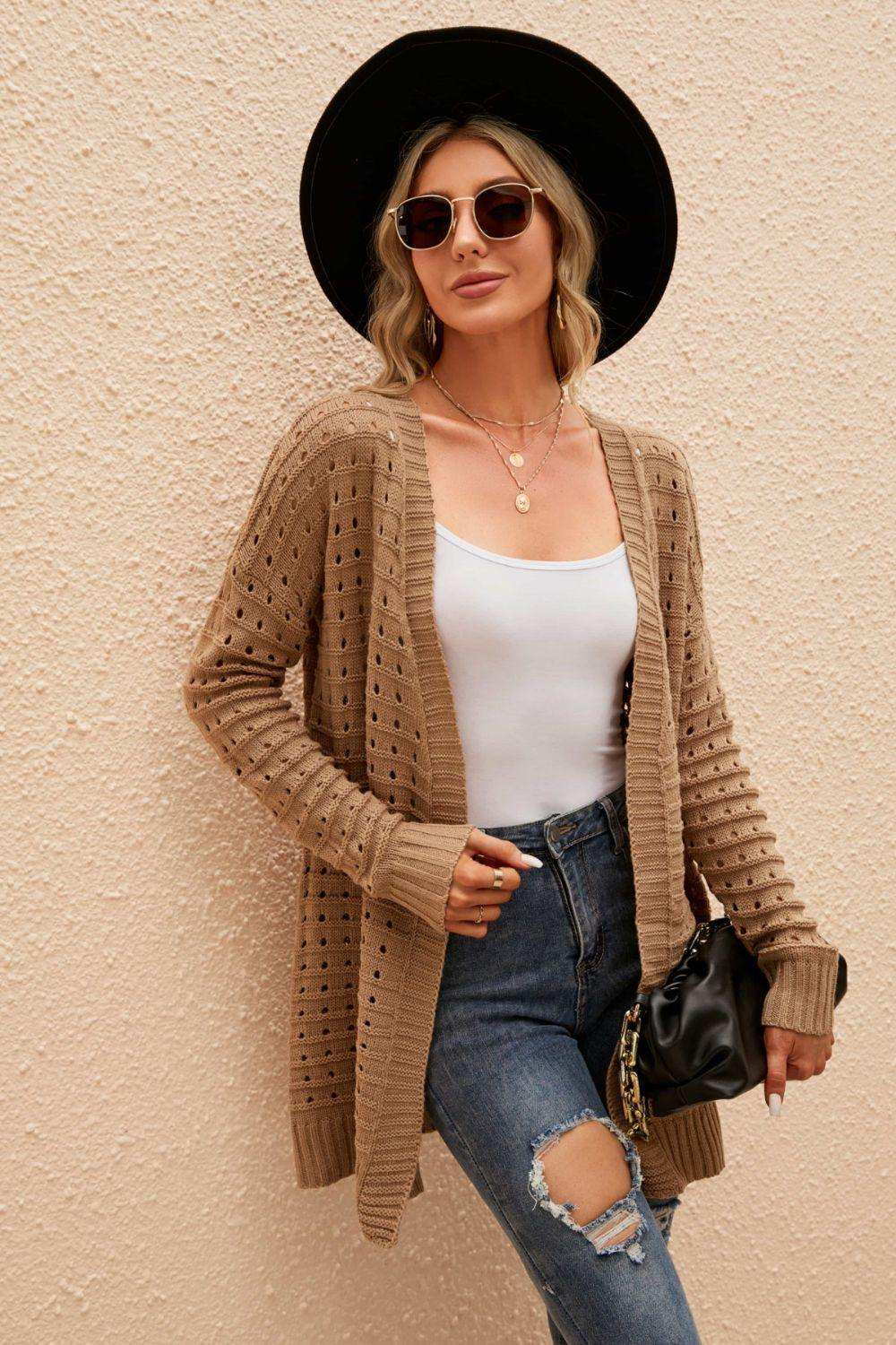 Openwork Horizontal Ribbing Open Front Cardigan - Trendsi - Flyclothing LLC