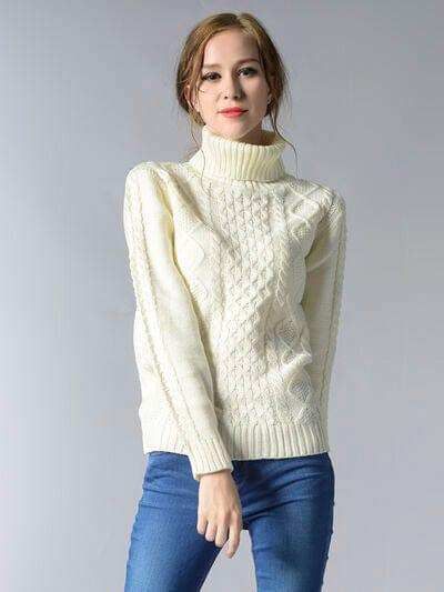 Cable-Knit Turtleneck Pullover Sweater - Trendsi - Flyclothing LLC