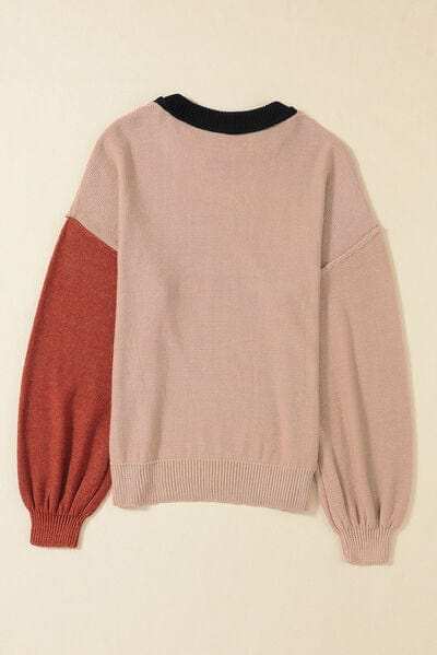 Contrast Round Neck Dropped Shoulder Sweater - Trendsi - Flyclothing LLC