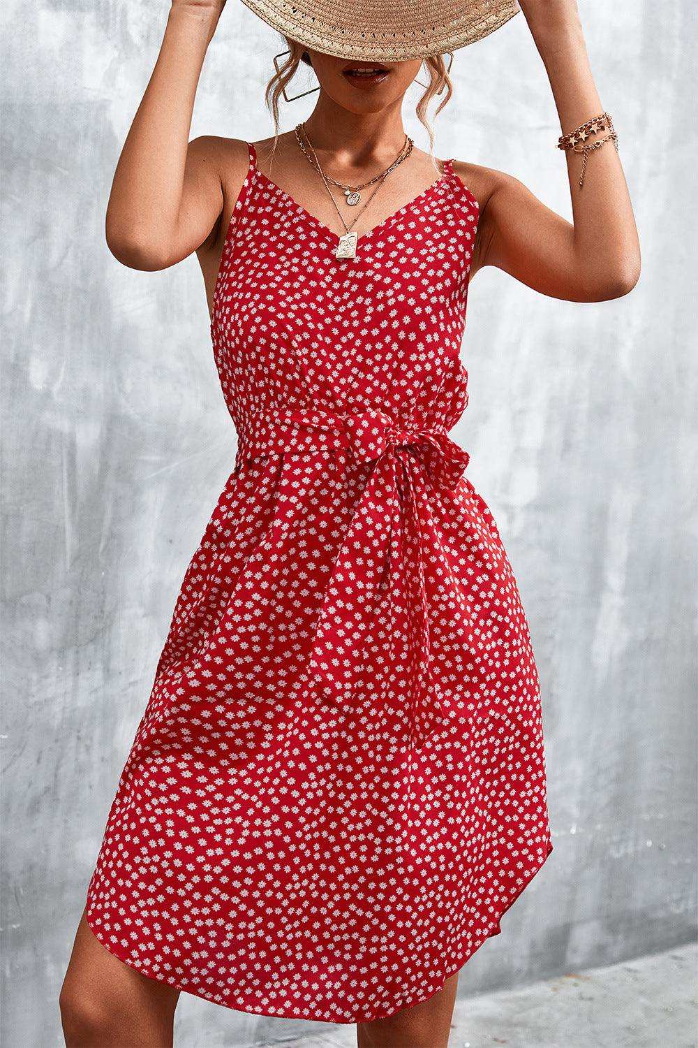 Printed V-Neck Tie Waist Mini Dress - Trendsi - Flyclothing LLC
