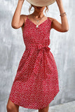 Printed V-Neck Tie Waist Mini Dress - Trendsi - Flyclothing LLC
