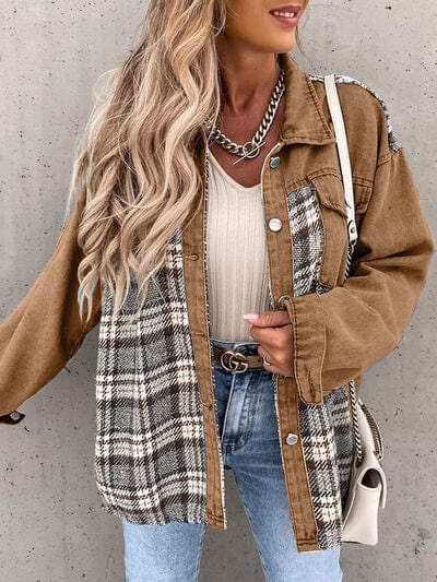 Plaid Button Up Dropped Shoulder Jacket - Trendsi - Flyclothing LLC
