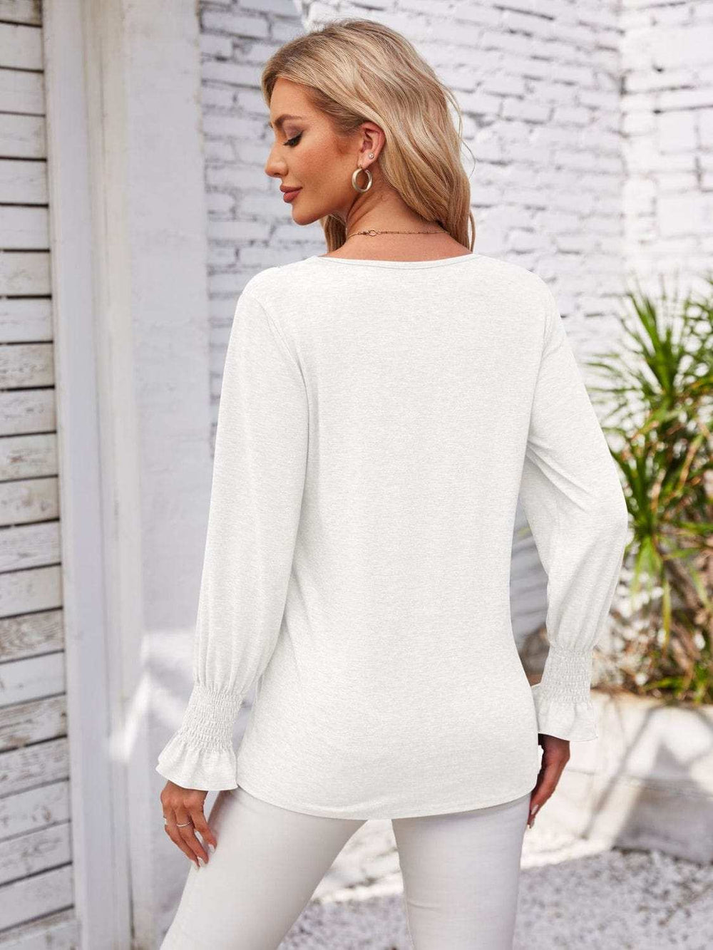 Smocked V-Neck Long Sleeve Blouse - Trendsi - Flyclothing LLC