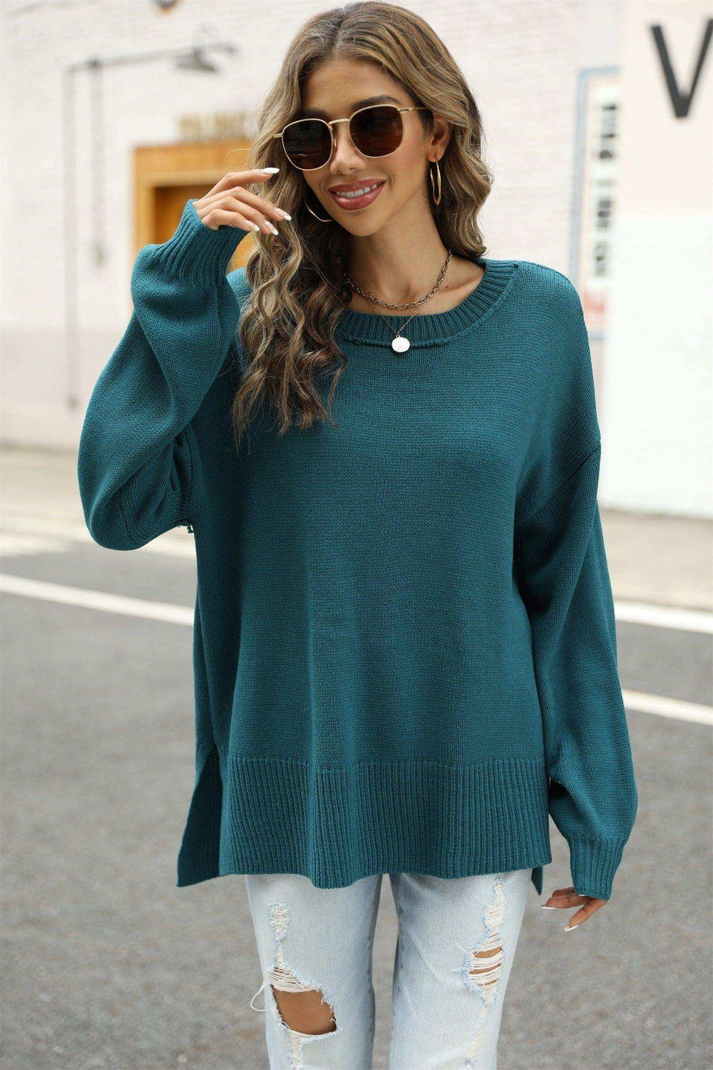 Round Neck Dropped Shoulder Slit Sweater - Trendsi - Flyclothing LLC