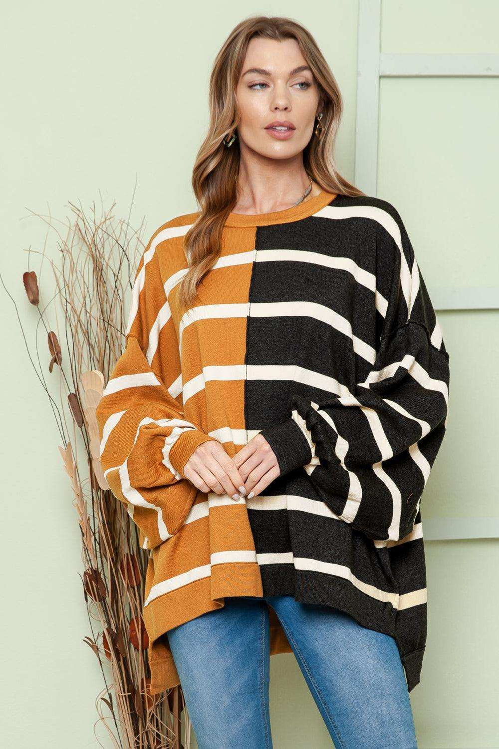 Striped Dropped Shoulder Round Neck Blouse - Trendsi - Flyclothing LLC