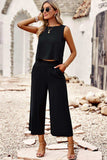 Buttoned Round Neck Tank and Wide Leg Pants Set - Trendsi - Flyclothing LLC