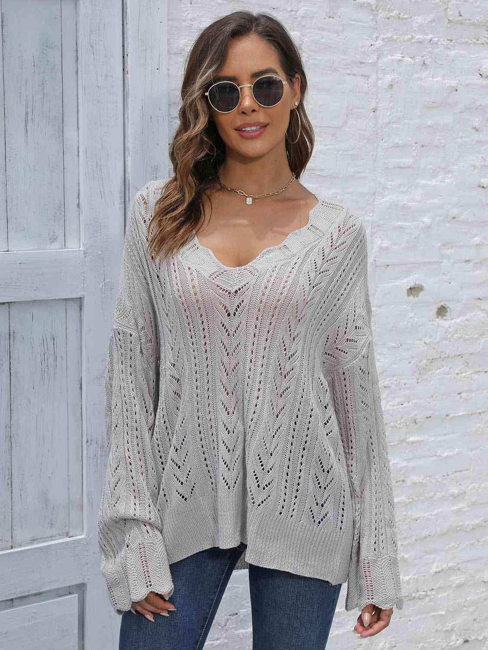 Openwork V-Neck Sweater - Trendsi - Flyclothing LLC