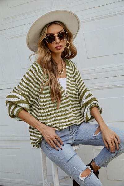 Striped Button Up Long Sleeve Cardigan - Trendsi - Flyclothing LLC