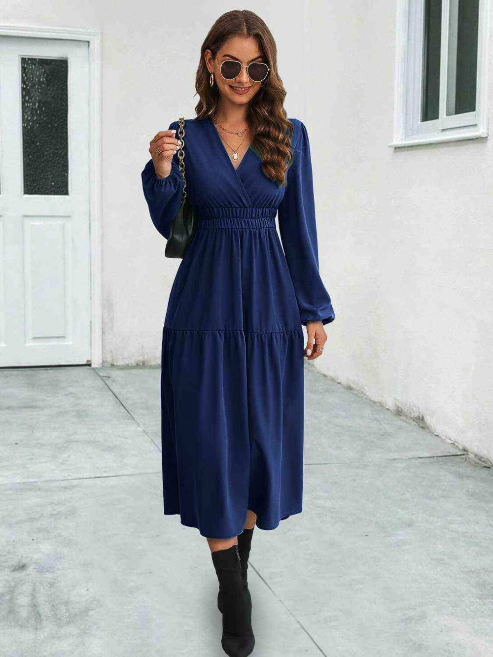 Surplice Neck Long Sleeve Midi Dress - Trendsi - Flyclothing LLC