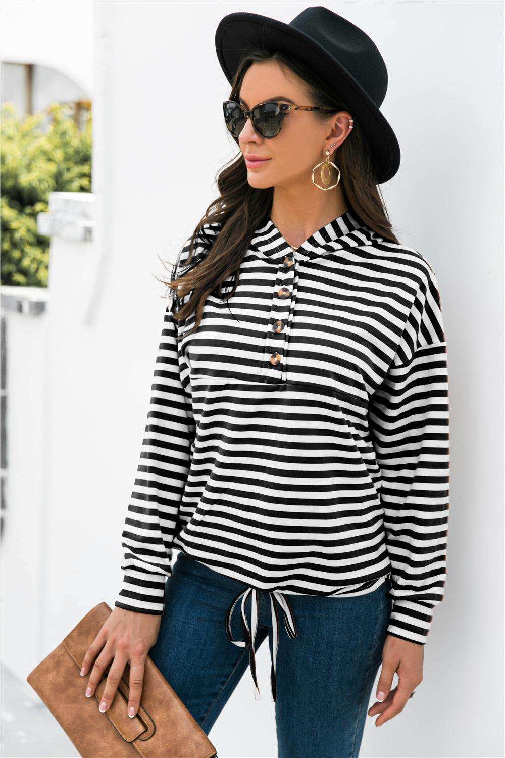 Striped Half-Button Dropped Shoulder Hoodie - Trendsi - Flyclothing LLC