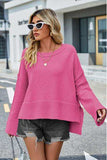 High-Low Slit Round Neck Long Sleeve Sweater - Trendsi - Flyclothing LLC