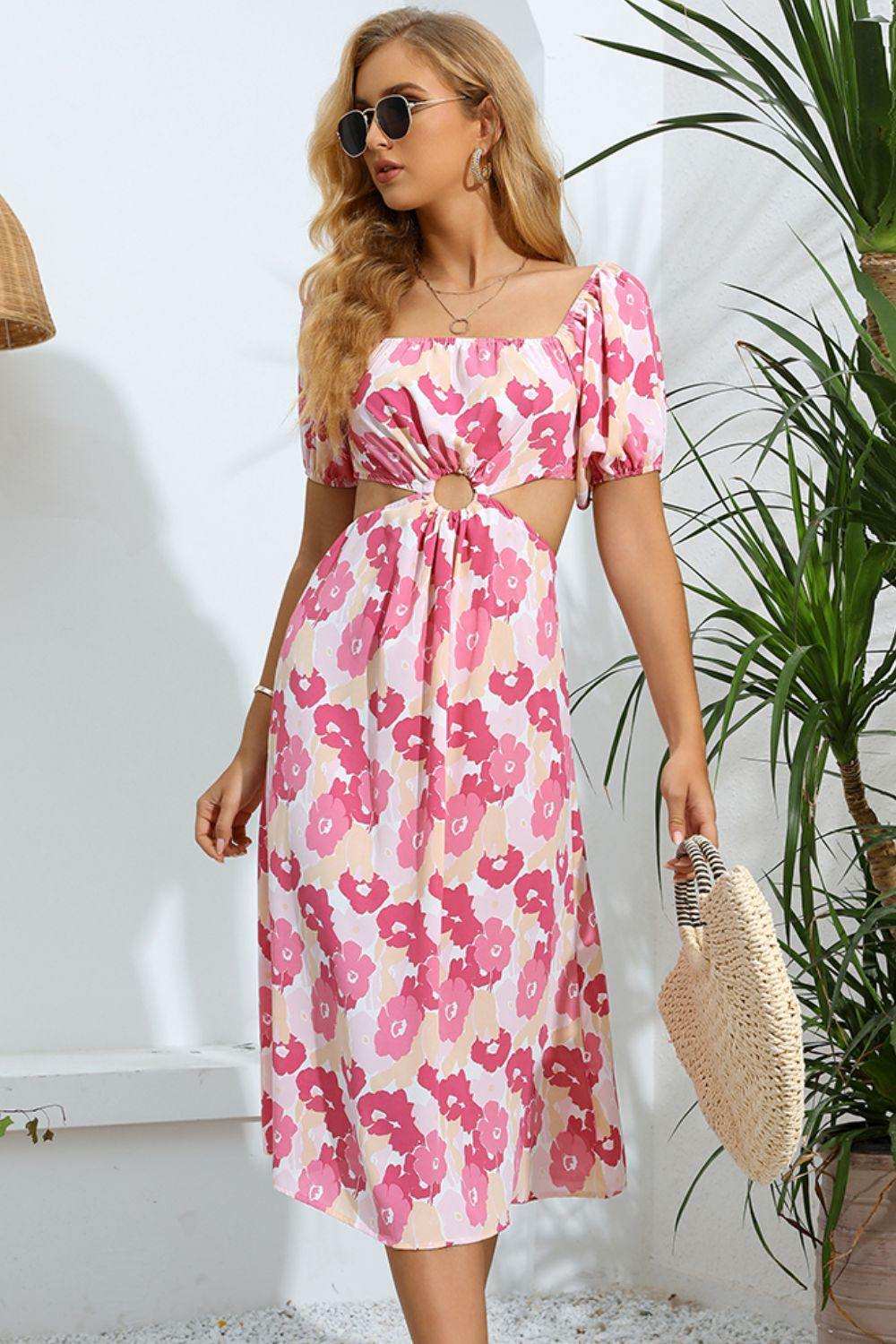 Floral Cutout Square Neck Puff Sleeve Dress - Trendsi - Flyclothing LLC