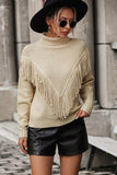 Turtle Neck Tassel Front Long Sleeve Pullover Sweater - Trendsi - Flyclothing LLC