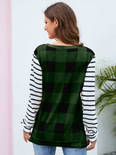 Plaid Striped Round Neck Long Sleeve T-Shirt - Trendsi - Flyclothing LLC