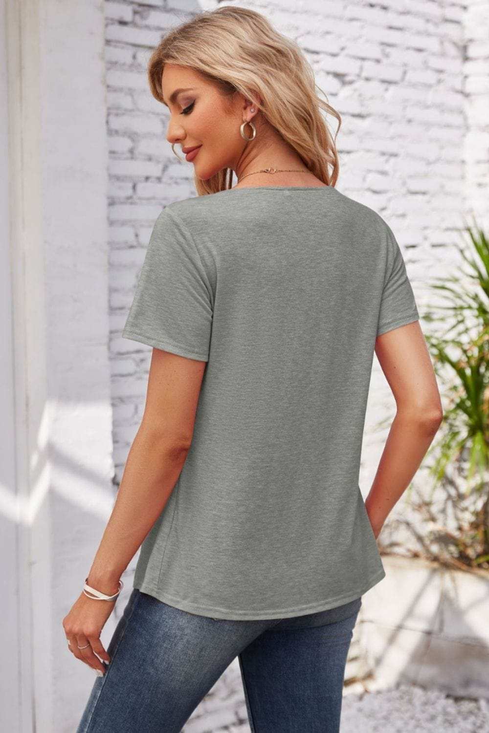 Decorative Button Scoop Neck T-Shirt - Trendsi - Flyclothing LLC