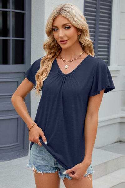 V-Neck Flutter Sleeve T-Shirt - Trendsi - Flyclothing LLC