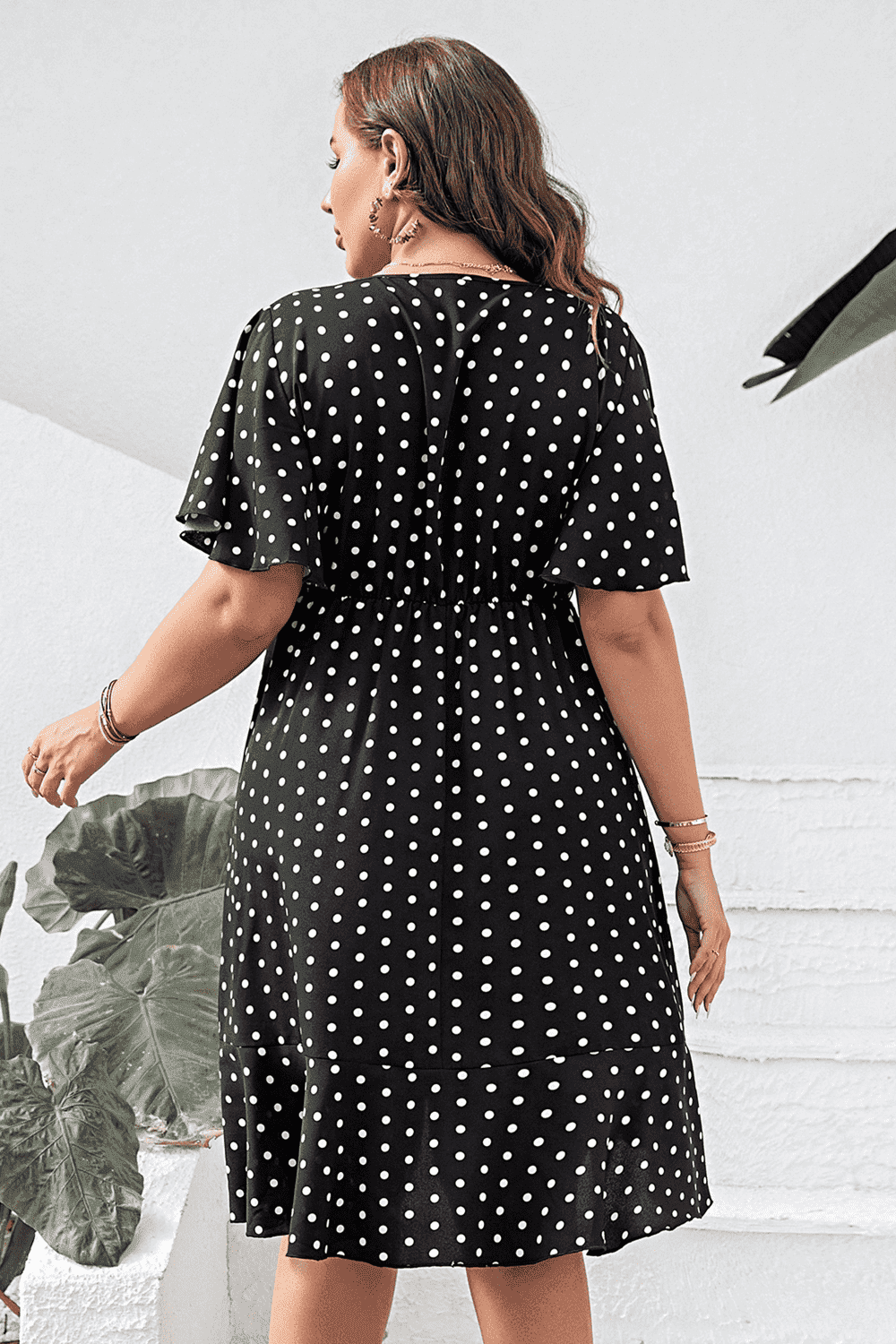Plus Size Polka Dot Flutter Sleeve Dress - Trendsi - Flyclothing LLC