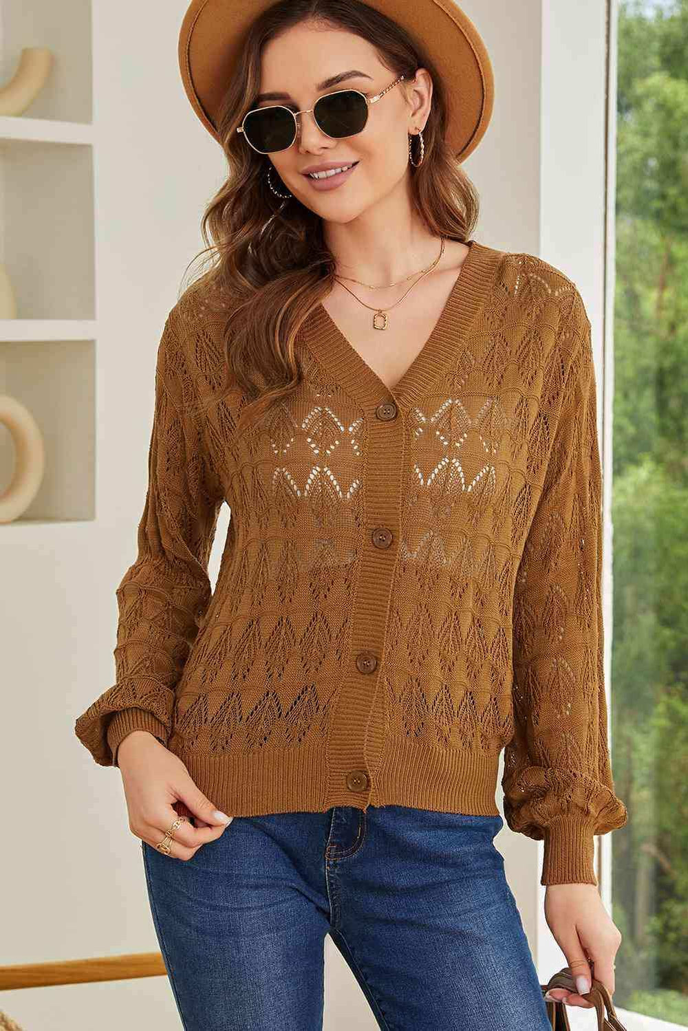 Openwork V-Neck Cardigan - Trendsi - Flyclothing LLC