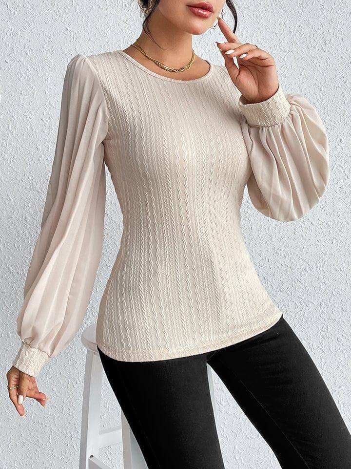 Pleated Puff Sleeve Round Neck Blouse - Trendsi - Flyclothing LLC