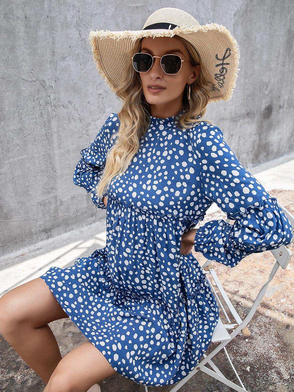 Printed Long Sleeve Tiered Dress - Trendsi - Flyclothing LLC
