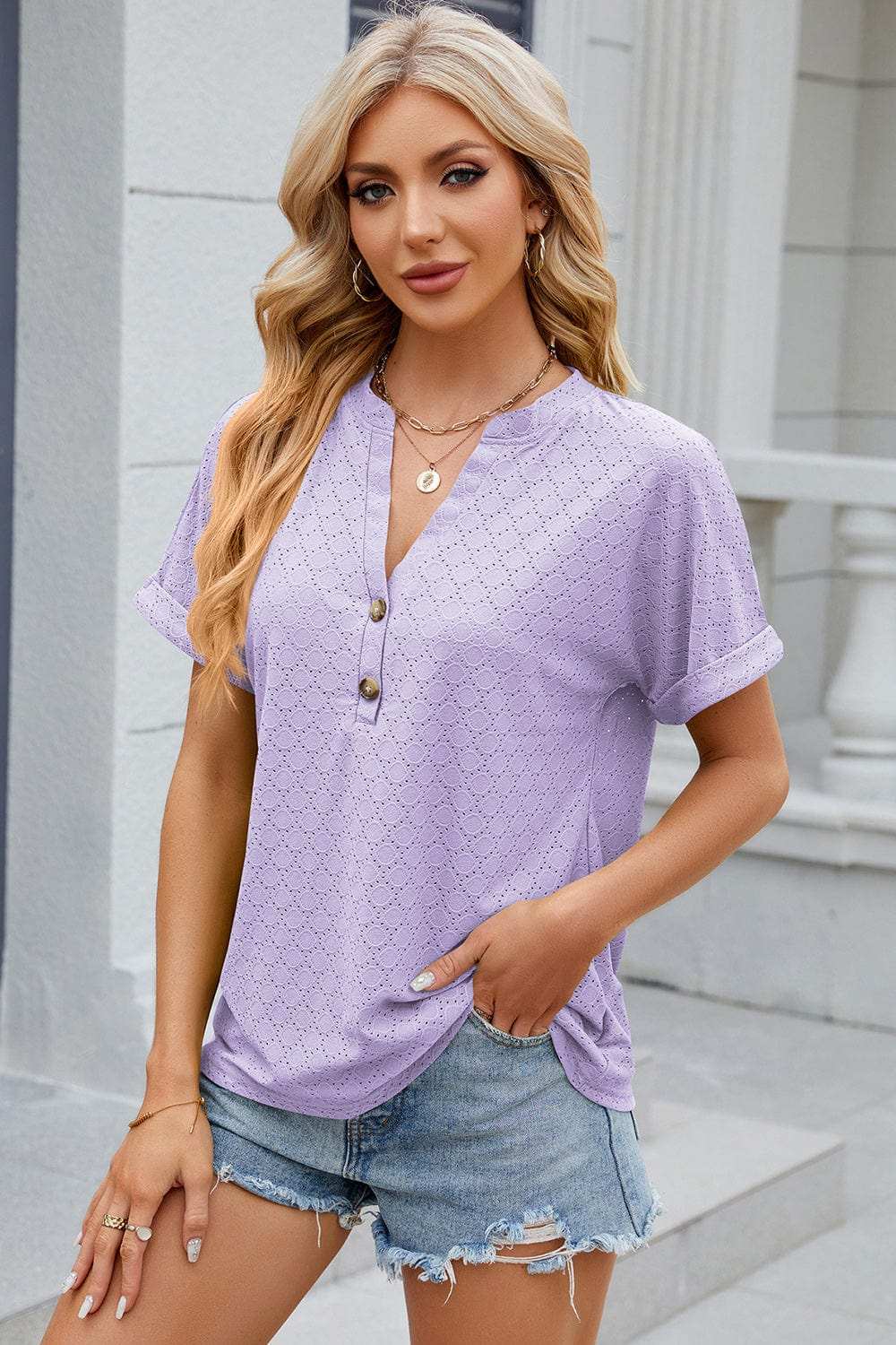 Eyelet Notched Short Sleeve T-Shirt - Trendsi - Flyclothing LLC