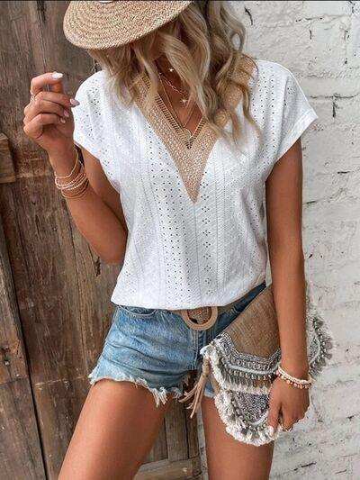 Eyelet V-Neck Short Sleeve T-Shirt - Trendsi - Flyclothing LLC