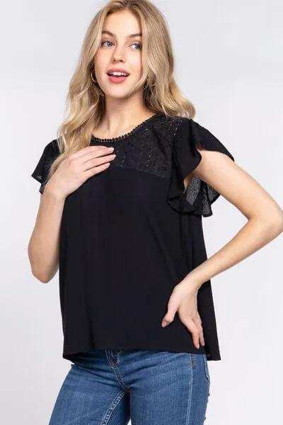 ACTIVE BASIC Ruffle Short Sleeve Crochet Blouse - Trendsi - Flyclothing LLC