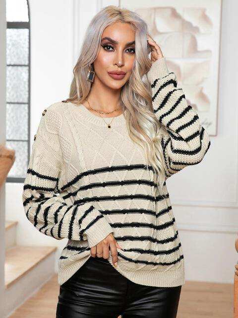 Striped Round Neck Cable-Knit Sweater - Trendsi - Flyclothing LLC
