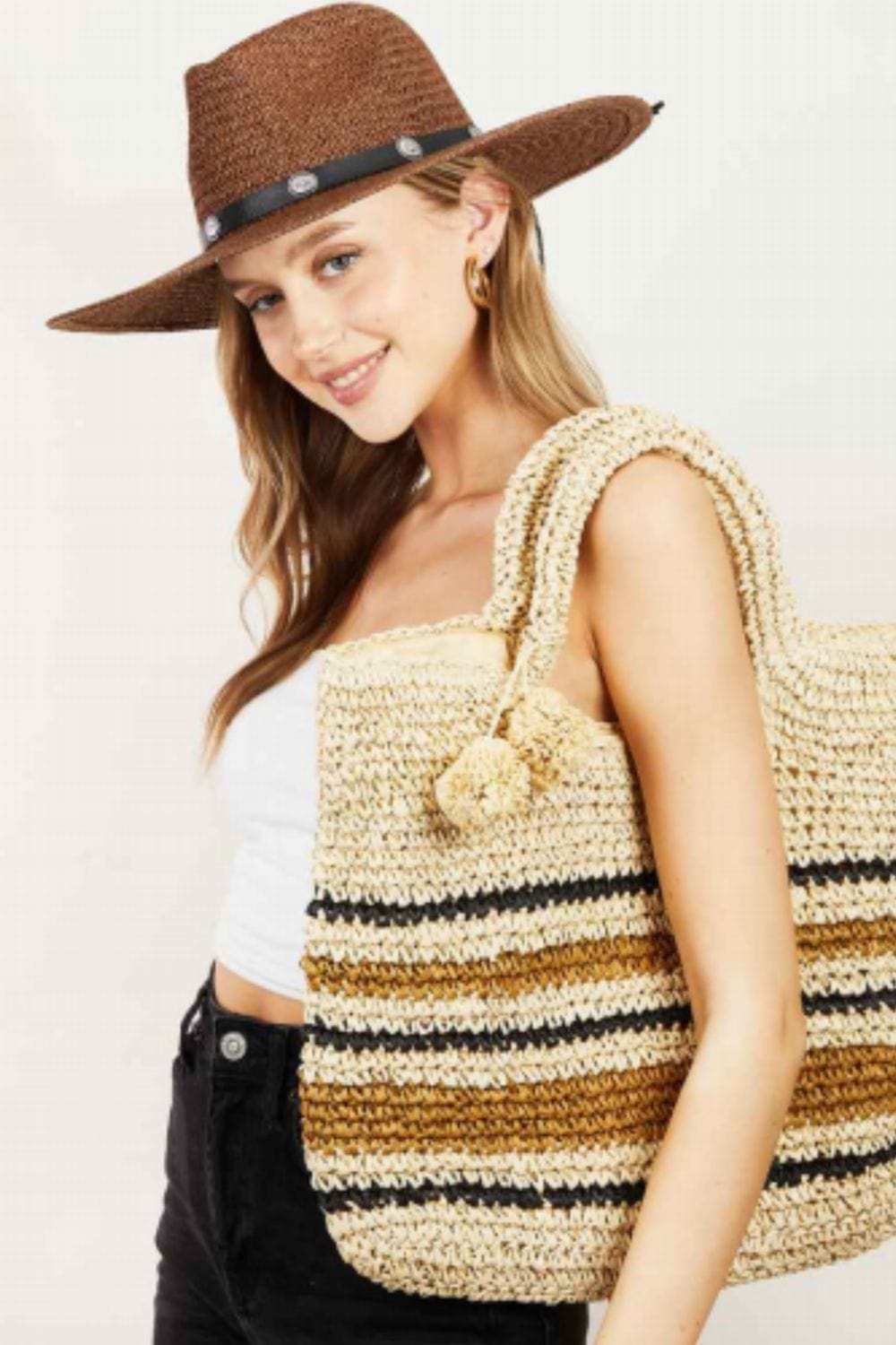 Fame Striped Straw Braided Tote Bag - Trendsi - Flyclothing LLC