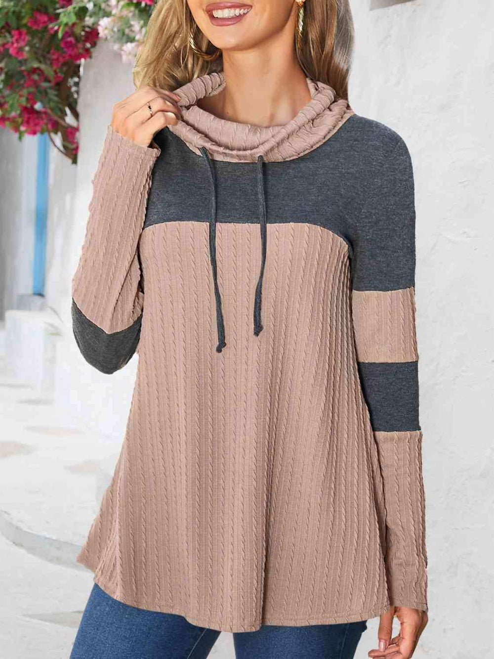 Contrast Drawstring Long Sleeve Top - Trendsi - Flyclothing LLC