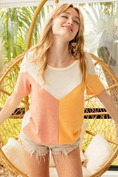 BiBi Round Neck Color Block Short Sleeve T-Shirt - Trendsi - Flyclothing LLC