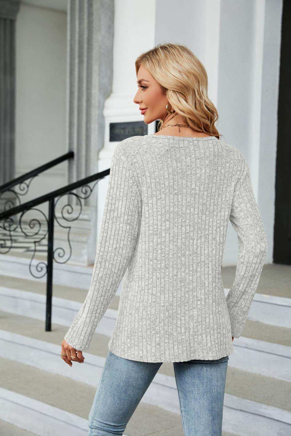 Buttoned Long Sleeve Slit Top - Trendsi - Flyclothing LLC