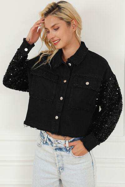 Sequin Button Up Raw Hem Denim Jacket - Trendsi - Flyclothing LLC