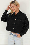 Sequin Button Up Raw Hem Denim Jacket - Trendsi - Flyclothing LLC