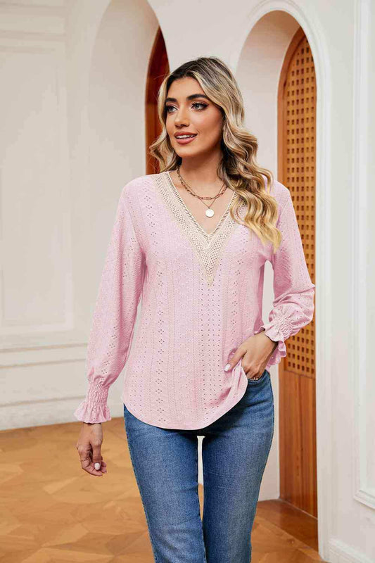 Contrast Flounce Sleeve Blouse - Trendsi - Flyclothing LLC