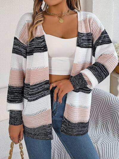 Openwork Striped Open Front Cardigan - Trendsi - Flyclothing LLC