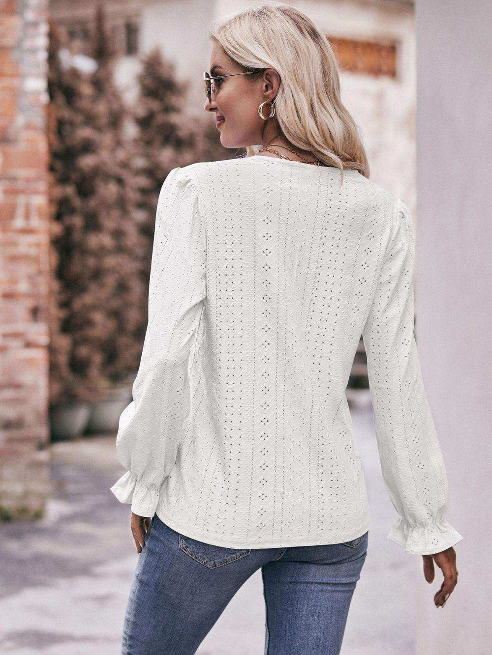 Eyelet V-Neck Flounce Sleeve Blouse - Trendsi - Flyclothing LLC