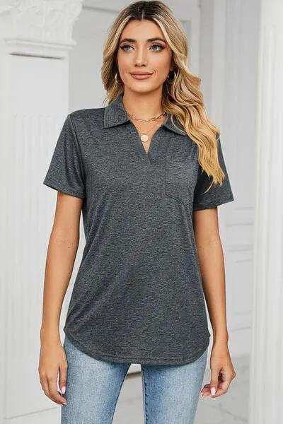 Johnny Collar Short Sleeve Blouse - Trendsi - Flyclothing LLC