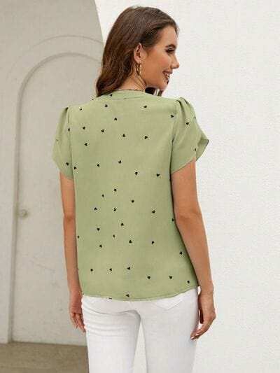 Heart Print Notched Petal Sleeve Blouse - Trendsi - Flyclothing LLC