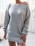 Rib-Knit Balloon Sleeve Boat Neck Sweater Dress - Trendsi - Flyclothing LLC
