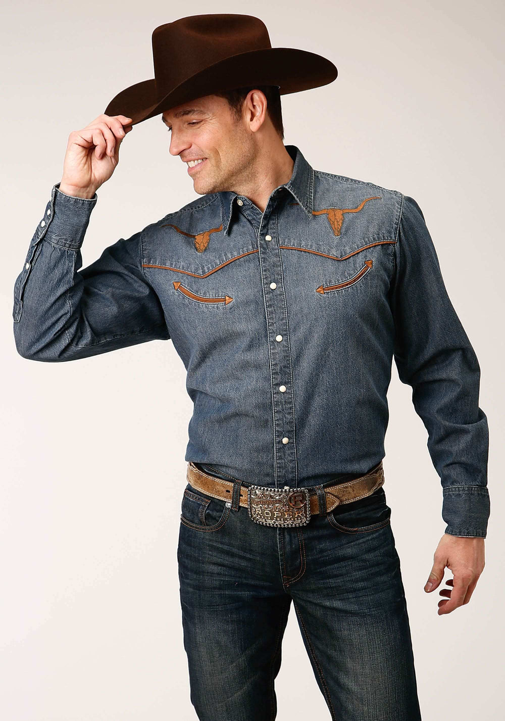 Roper Mens Long Sleeve Snapmed Wash Denim Shirt Smile Pkts Western Shirt - Roper - Flyclothing LLC