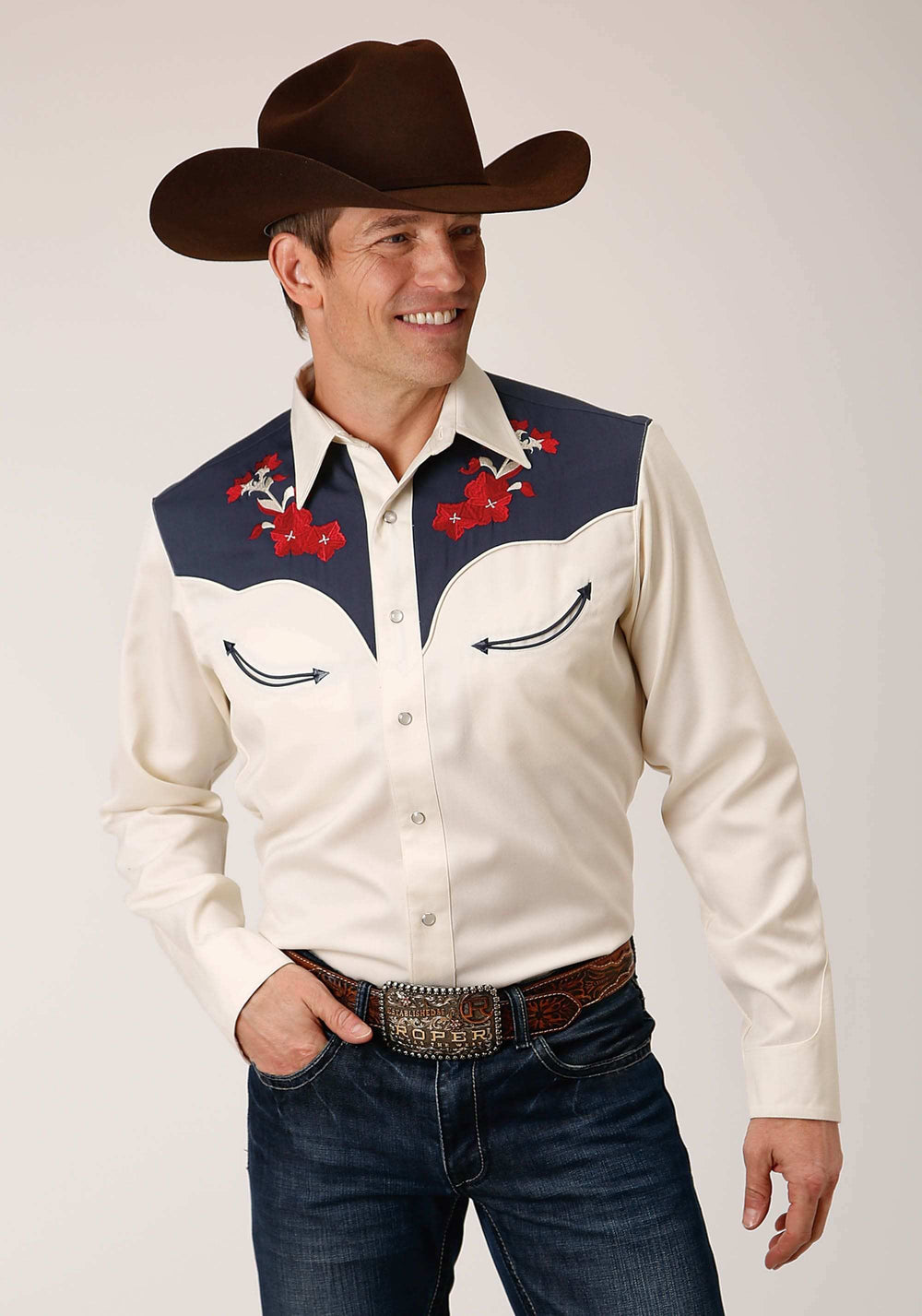 Roper Mens Long Sleeve Snap Poly Rayon Twill W Contrast Blue Yokes Western Shirt - Roper - Flyclothing LLC